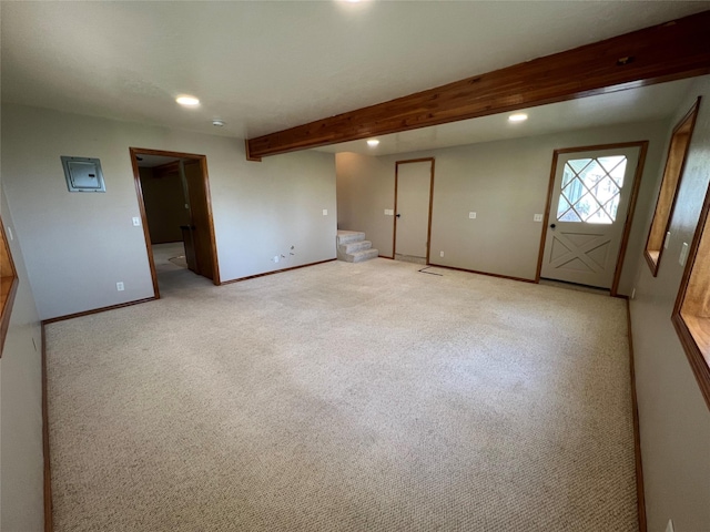 interior space with beamed ceiling, baseboards, light carpet, and recessed lighting