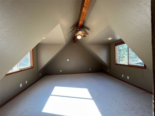 additional living space with a healthy amount of sunlight, ceiling fan, lofted ceiling with beams, and carpet flooring
