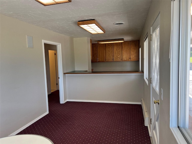carpeted spare room with baseboards, a textured ceiling, a baseboard heating unit, and visible vents