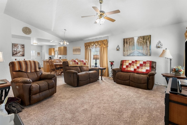 living area featuring a ceiling fan, vaulted ceiling, and light carpet