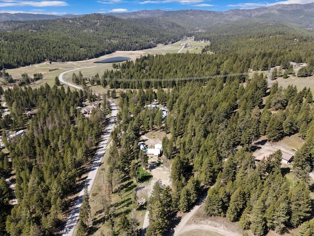 drone / aerial view featuring a forest view and a mountain view