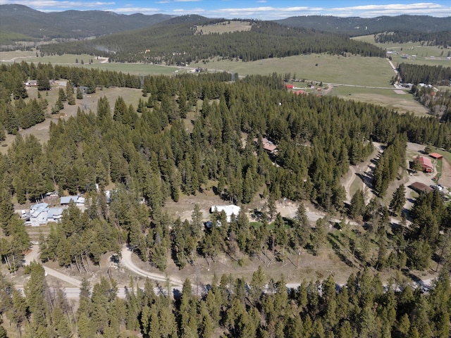 birds eye view of property featuring a wooded view and a mountain view