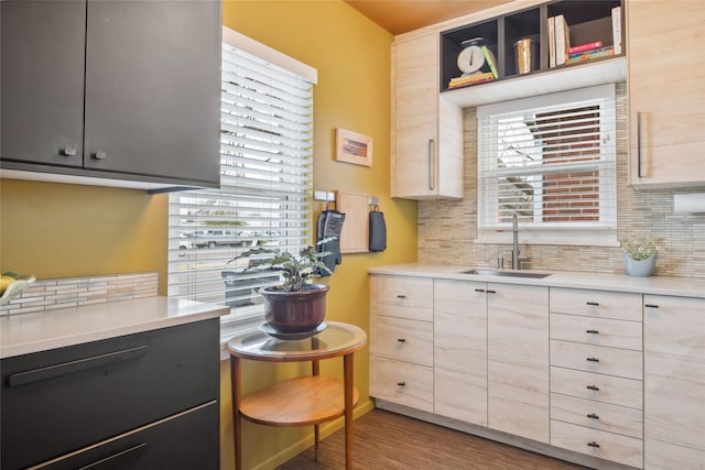 1702 Bancroft St, Missoula, MT 59801 - kitchen with light brown cabinetry, backsplash, a sink, and light countertops