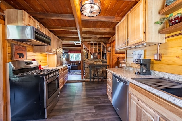 kitchen with beam ceiling, wooden walls, wooden ceiling, dark wood finished floors, and stainless steel appliances