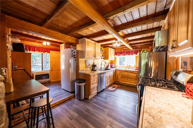 kitchen featuring a sink, wooden ceiling, plenty of natural light, and stainless steel appliances