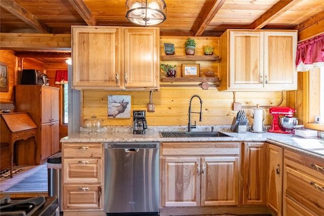 kitchen featuring wooden walls, beam ceiling, a sink, stainless steel dishwasher, and wood ceiling