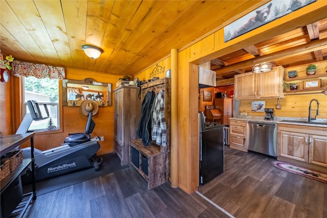 exercise room with a sink, wood ceiling, wooden walls, and dark wood finished floors