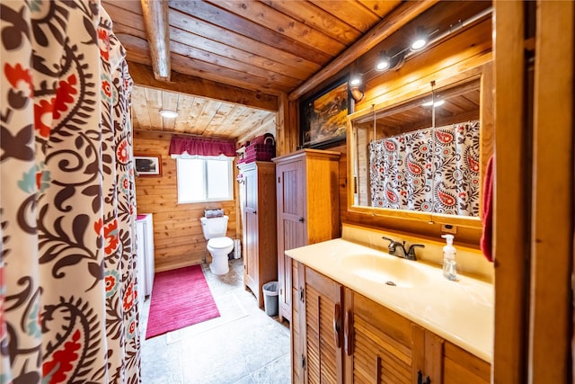 full bath featuring vanity, toilet, wood walls, curtained shower, and wood ceiling