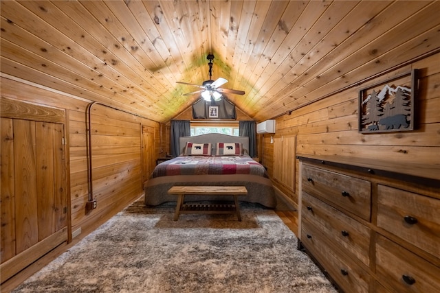 bedroom featuring wooden walls, wooden ceiling, and lofted ceiling