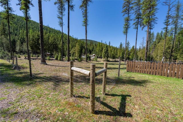 view of yard with fence, a view of trees, and a mountain view