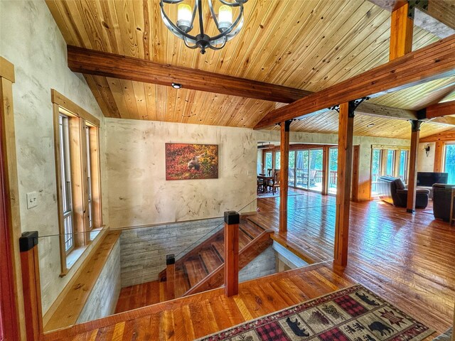 interior space with a water view and wooden ceiling