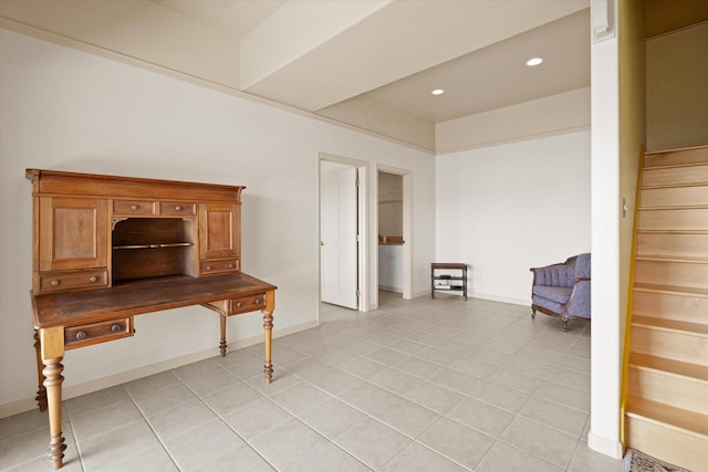 home office with baseboards, light tile patterned floors, and recessed lighting