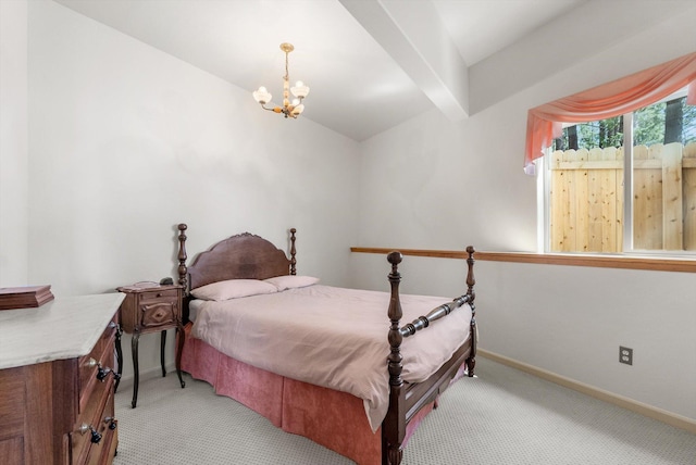 bedroom with baseboards, light carpet, and an inviting chandelier