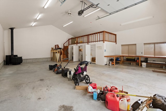 garage with a wood stove
