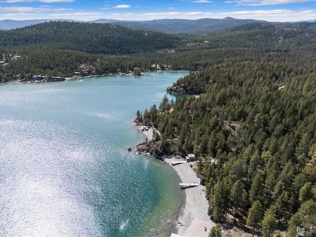aerial view featuring a wooded view and a water and mountain view