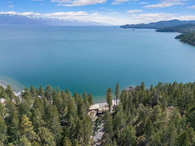 aerial view featuring a water and mountain view