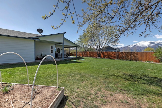view of yard featuring a patio area, a mountain view, and a fenced backyard