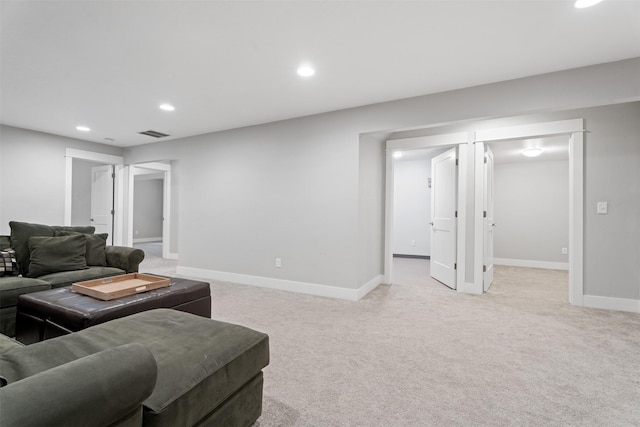 2421 Half Hitch Dr, Missoula, MT 59808 - living room featuring light colored carpet, visible vents, baseboards, and recessed lighting