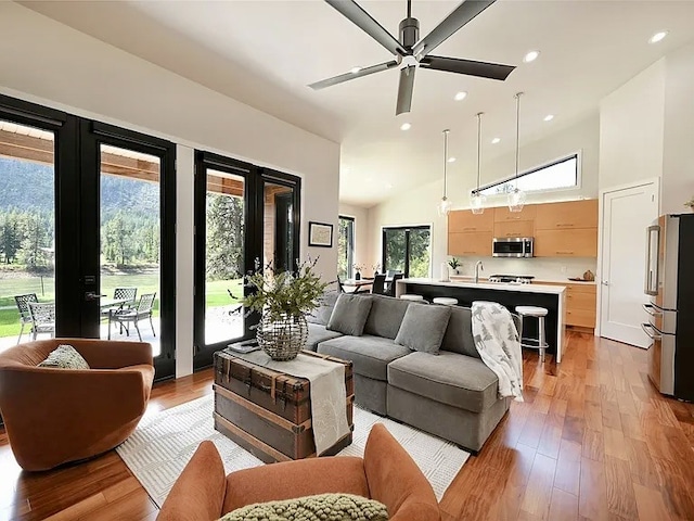 2 Mahonia Ct, Plains, MT 59859 - living room with ceiling fan, high vaulted ceiling, a healthy amount of sunlight, and light wood-style floors