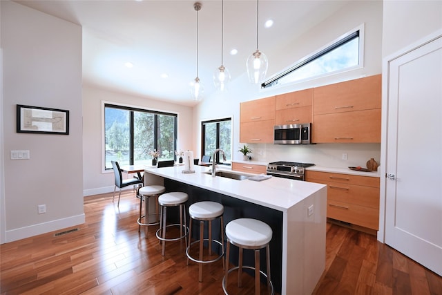 2 Mahonia Ct, Plains, MT 59859 - kitchen with a sink, stainless steel appliances, a kitchen breakfast bar, visible vents, and light countertops