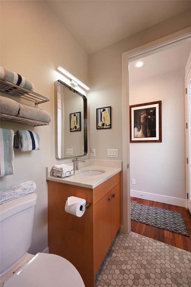 2 Mahonia Ct, Plains, MT 59859 - bathroom featuring vanity, toilet, baseboards, and wood finished floors