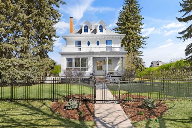 american foursquare style home with a chimney, a fenced front yard, covered porch, a front yard, and a gate