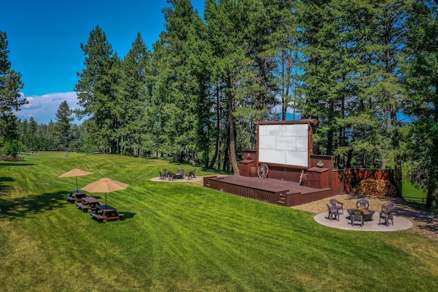 420 Deer Creek Rd, Lakeside, MT 59922 - view of green lawn with an outdoor fire pit, a deck, and a patio area