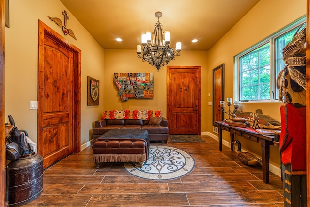 420 Deer Creek Rd, Lakeside, MT 59922 - living room featuring a chandelier, wood finished floors, and recessed lighting