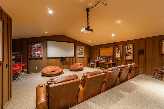 420 Deer Creek Rd, Lakeside, MT 59922 - cinema with carpet, wood walls, and vaulted ceiling