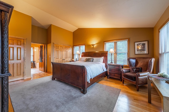 420 Deer Creek Rd, Lakeside, MT 59922 - bedroom with light wood-type flooring, lofted ceiling, and a closet