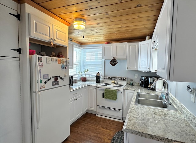 kitchen featuring white cabinets, wooden ceiling, a sink, and white appliances