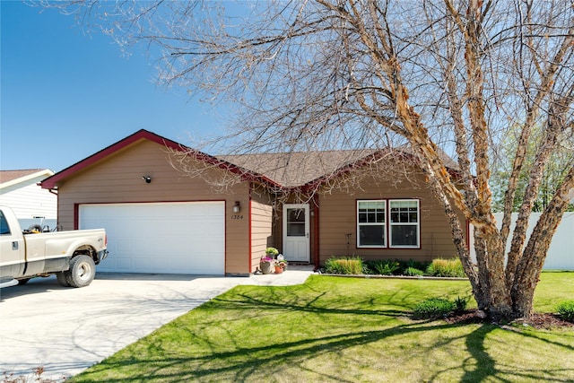 ranch-style house with an attached garage, driveway, and a front yard