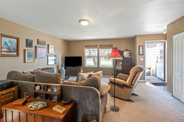 living area featuring light colored carpet