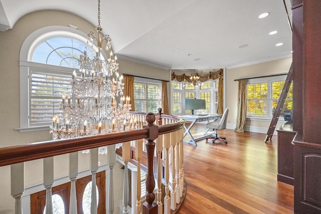305 Columbia Ave, Whitefish, MT 59937 - office space featuring a chandelier, crown molding, wood finished floors, healthy amount of natural light, and recessed lighting