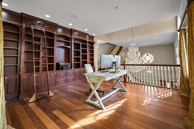 305 Columbia Ave, Whitefish, MT 59937 - office area with wood finished floors, crown molding, a chandelier, and recessed lighting