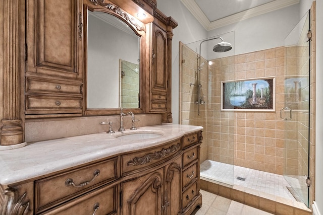 305 Columbia Ave, Whitefish, MT 59937 - bathroom featuring vanity, a shower stall, and ornamental molding
