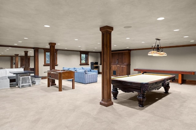 305 Columbia Ave, Whitefish, MT 59937 - recreation room with ornate columns, recessed lighting, light carpet, pool table, and crown molding