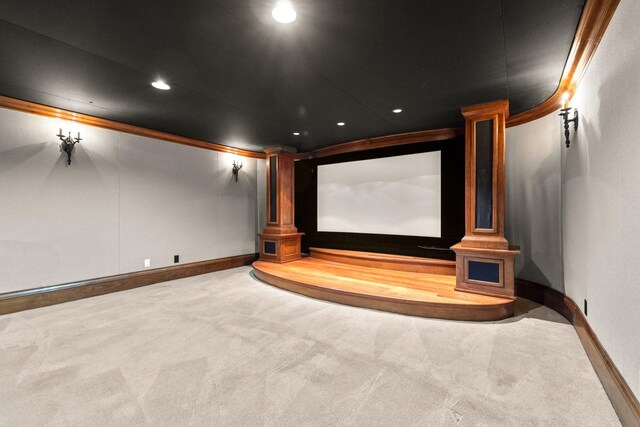 305 Columbia Ave, Whitefish, MT 59937 - home theater with carpet, recessed lighting, decorative columns, and crown molding