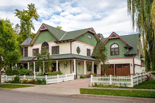 305 Columbia Ave, Whitefish, MT 59937 - victorian home featuring covered porch, concrete driveway, a garage, and a fenced front yard