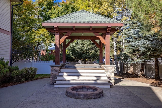 305 Columbia Ave, Whitefish, MT 59937 - view of patio with a gazebo, an outdoor fire pit, and a jacuzzi