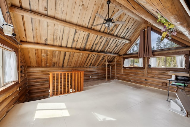 1441 Bonanza Dr, Sula, MT 59871 - additional living space with log walls, wooden ceiling, and ceiling fan