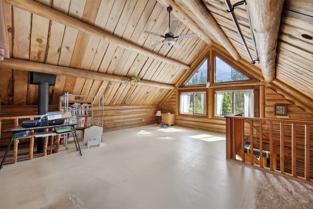 1441 Bonanza Dr, Sula, MT 59871 - bonus room featuring rustic walls, concrete flooring, vaulted ceiling, a wood stove, and wooden ceiling