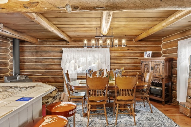1441 Bonanza Dr, Sula, MT 59871 - dining room featuring wood ceiling with exposed beams, wood finished floors, log walls, and a wood stove