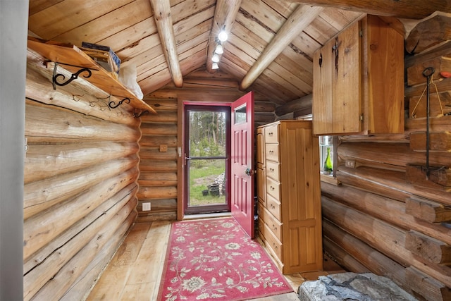 1441 Bonanza Dr, Sula, MT 59871 - interior space featuring light wood finished floors, wooden ceiling, and rustic walls