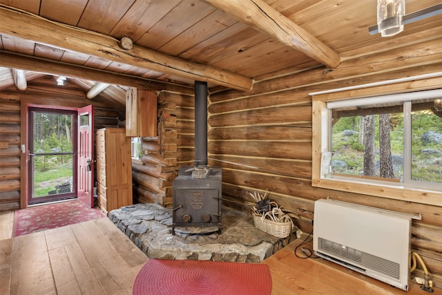 1441 Bonanza Dr, Sula, MT 59871 - detailed view of heating unit, wood ceiling with exposed beams, wood finished floors, rustic walls, and a wood stove