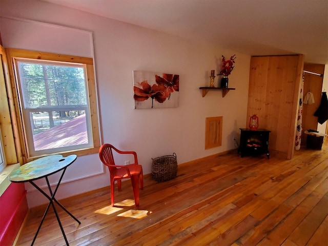 4056 Snow Fleury Ln, Lincoln, MT 59639 - sitting room featuring wood-type flooring and a wood stove