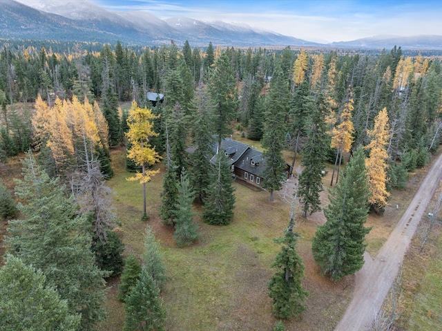birds eye view of property featuring a mountain view and a view of trees