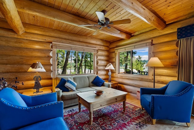 662 S Foys Lake Dr, Kalispell, MT 59901 - living room with a wooden ceiling with exposed beams, wood finished floors, rustic walls, and ceiling fan