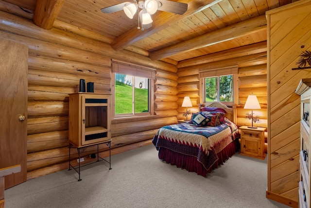662 S Foys Lake Dr, Kalispell, MT 59901 - carpeted bedroom featuring a wood ceiling with exposed beams and rustic walls