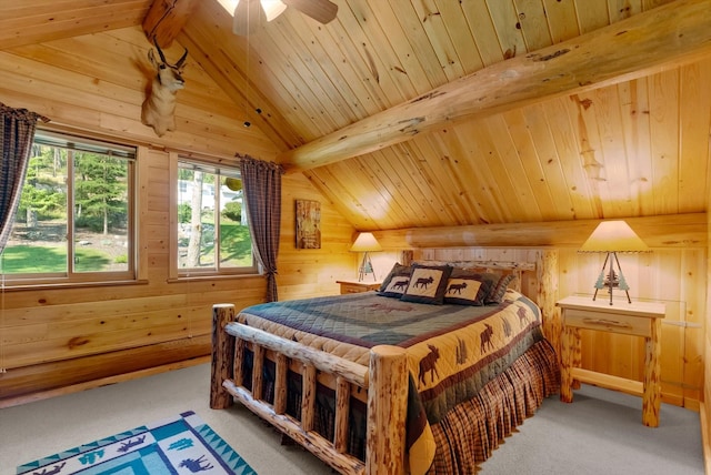 662 S Foys Lake Dr, Kalispell, MT 59901 - bedroom with carpet flooring, wood walls, and wood ceiling
